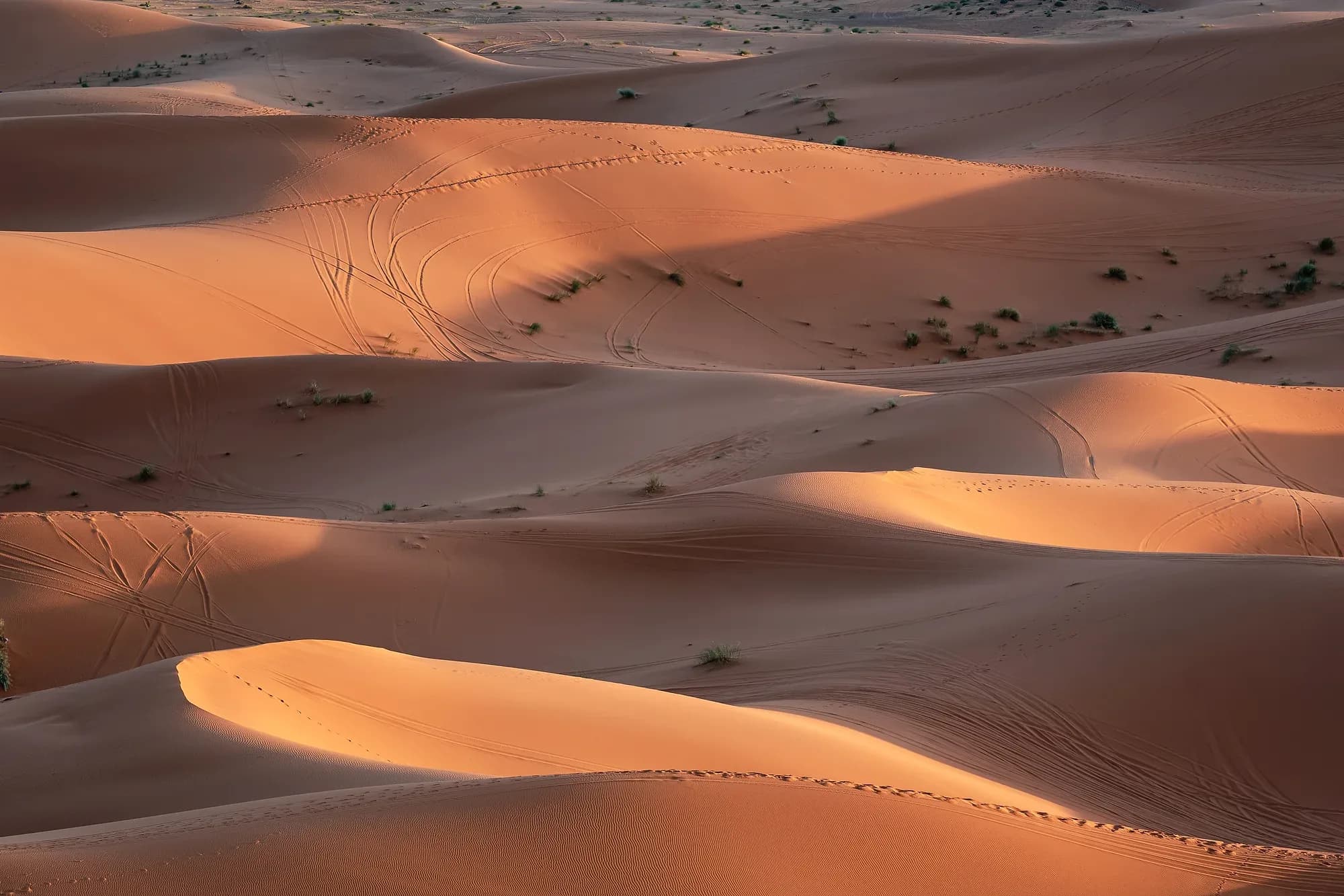 Dunas de Merzouga en Erg Chebbi con luz cálida del atardecer y sombras suaves