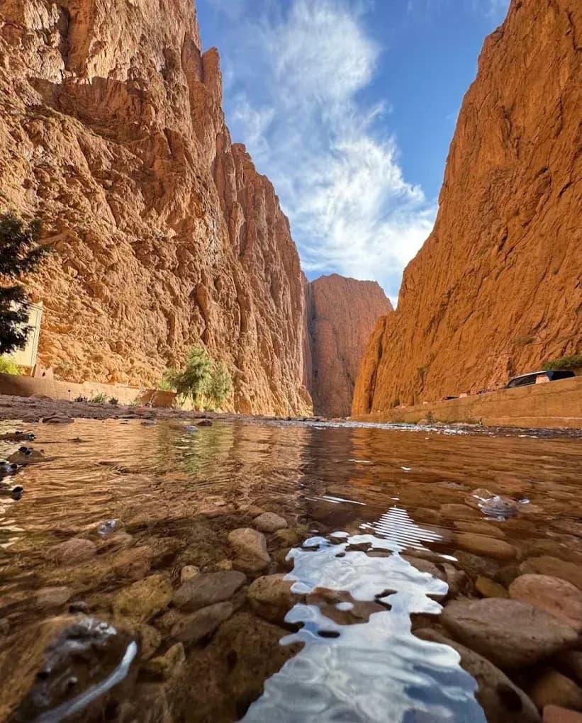 Water and rock walls in the Todra Gorge