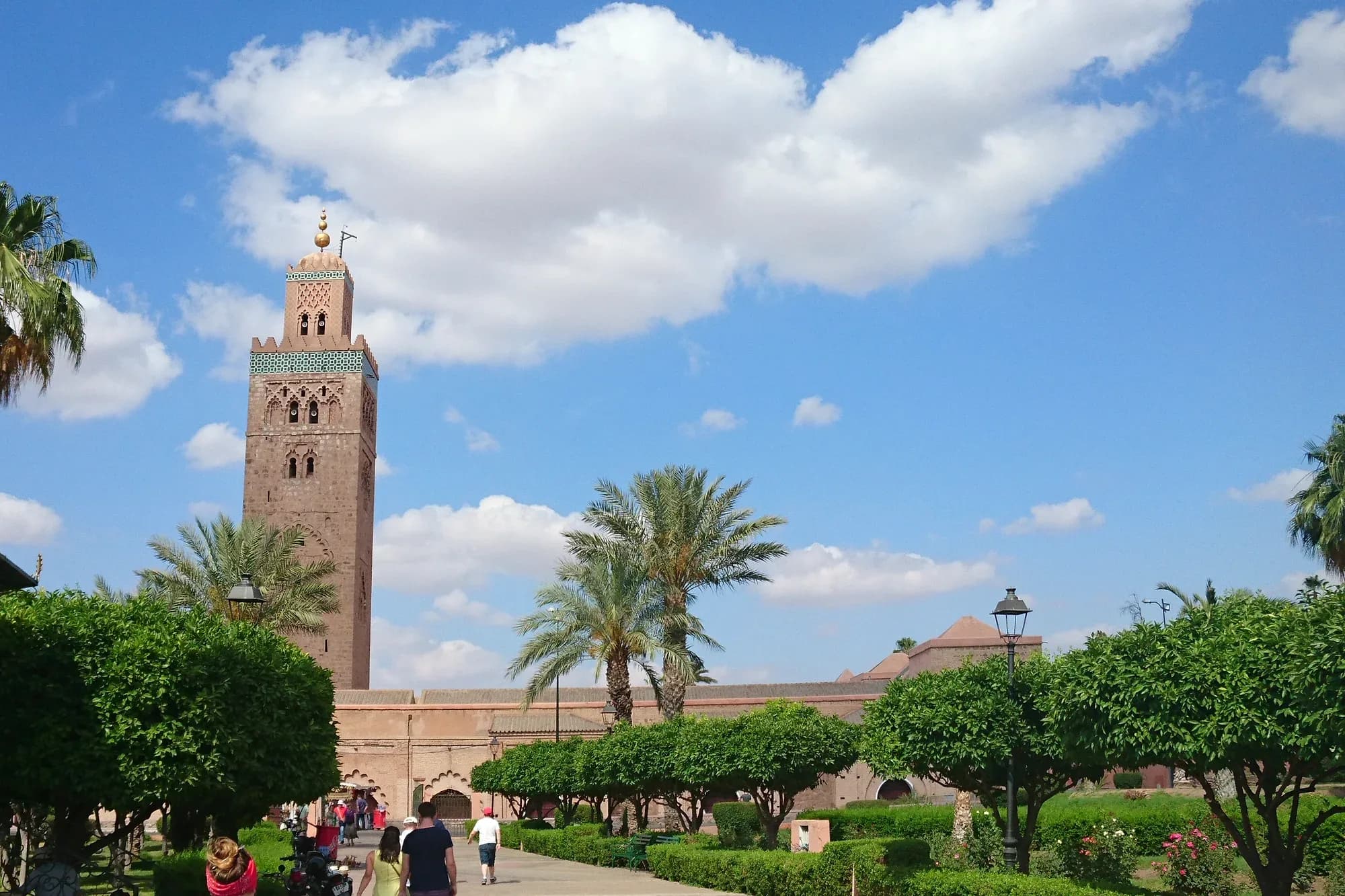 Koutoubia minaret seen from its palm-filled gardens, Marrakech