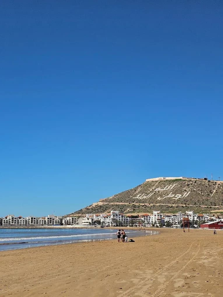 Agadir beach with the kasbah hill
