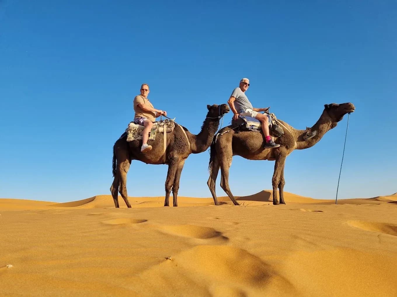 Two travellers on camels in the dunes