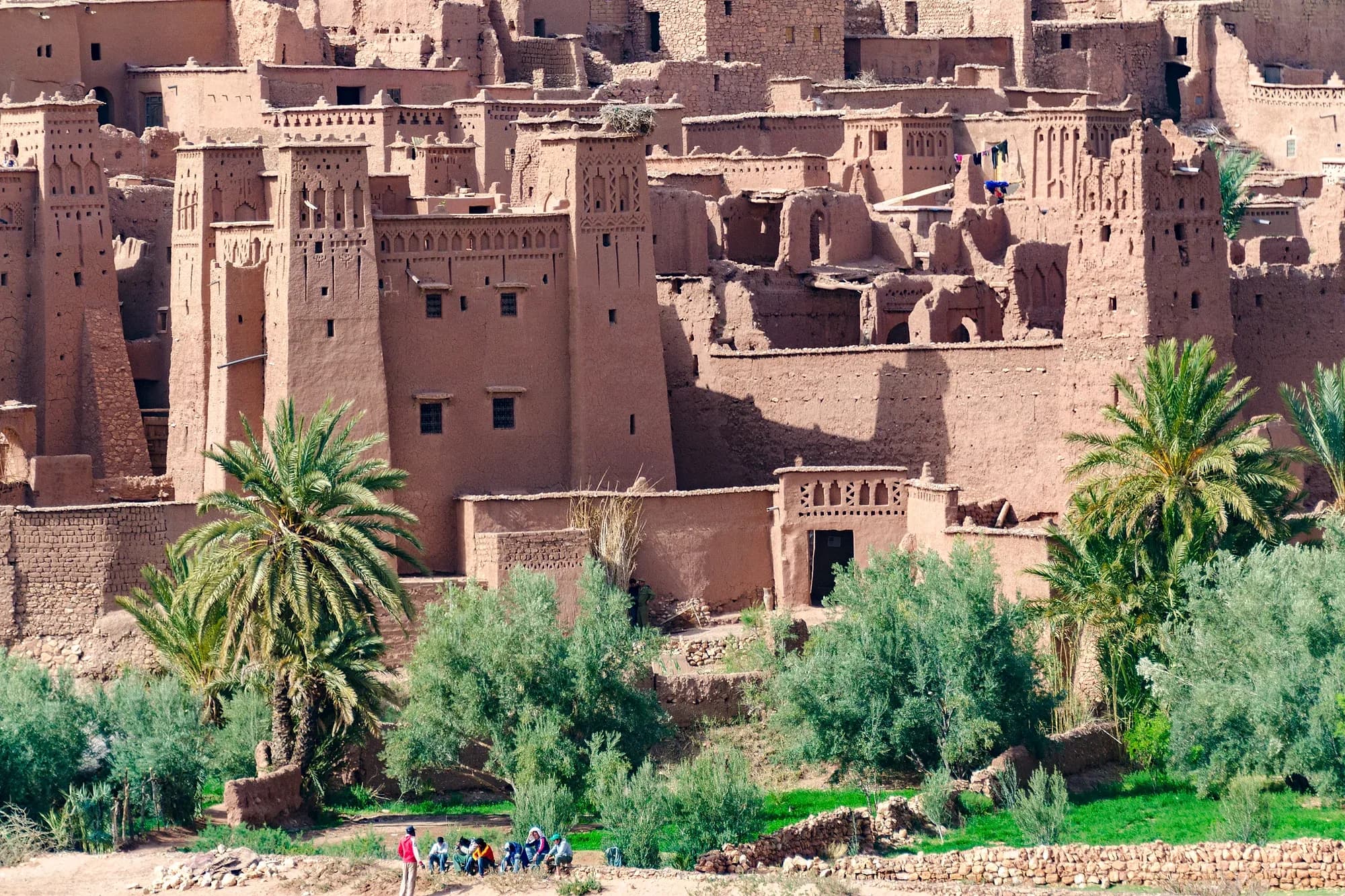 Mud-brick houses and towers of the ksar of Aït Ben Haddou among palm trees by the river