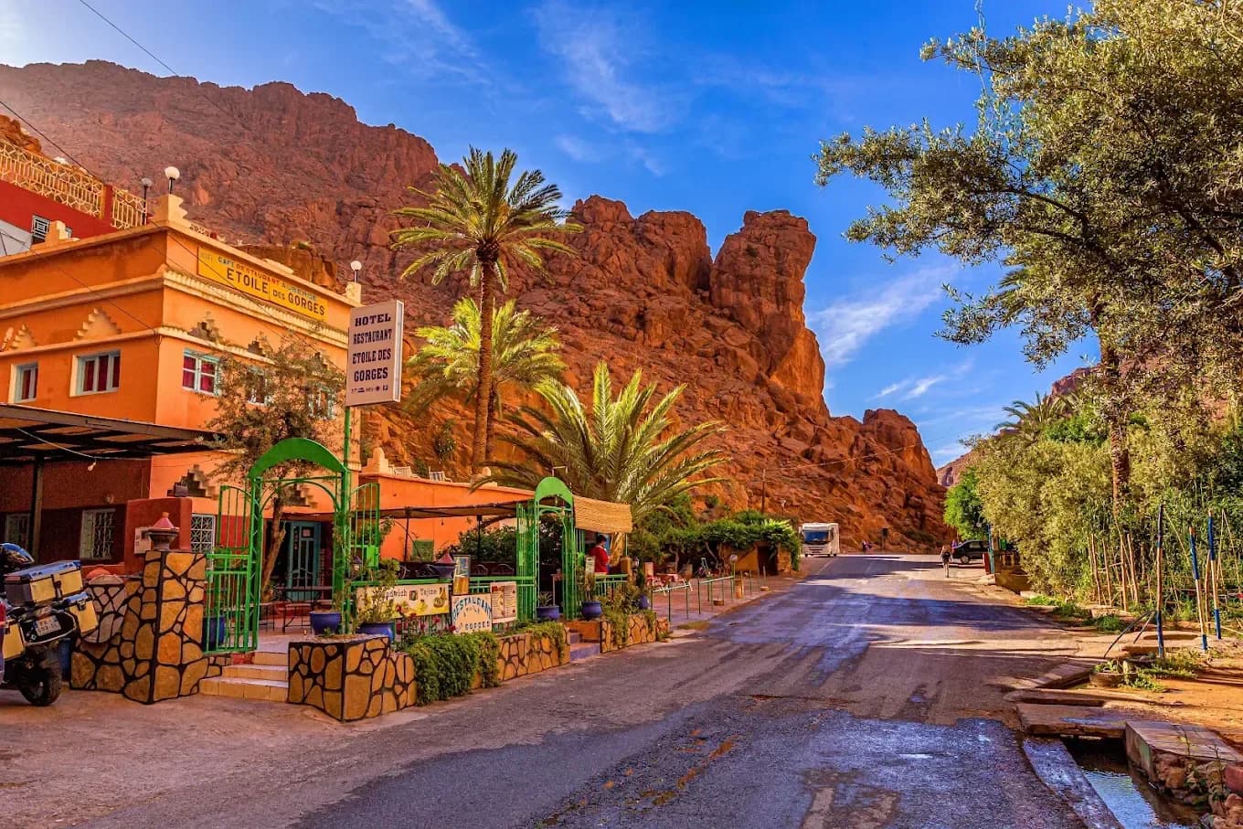 Village street below the cliffs of the Dades Gorge