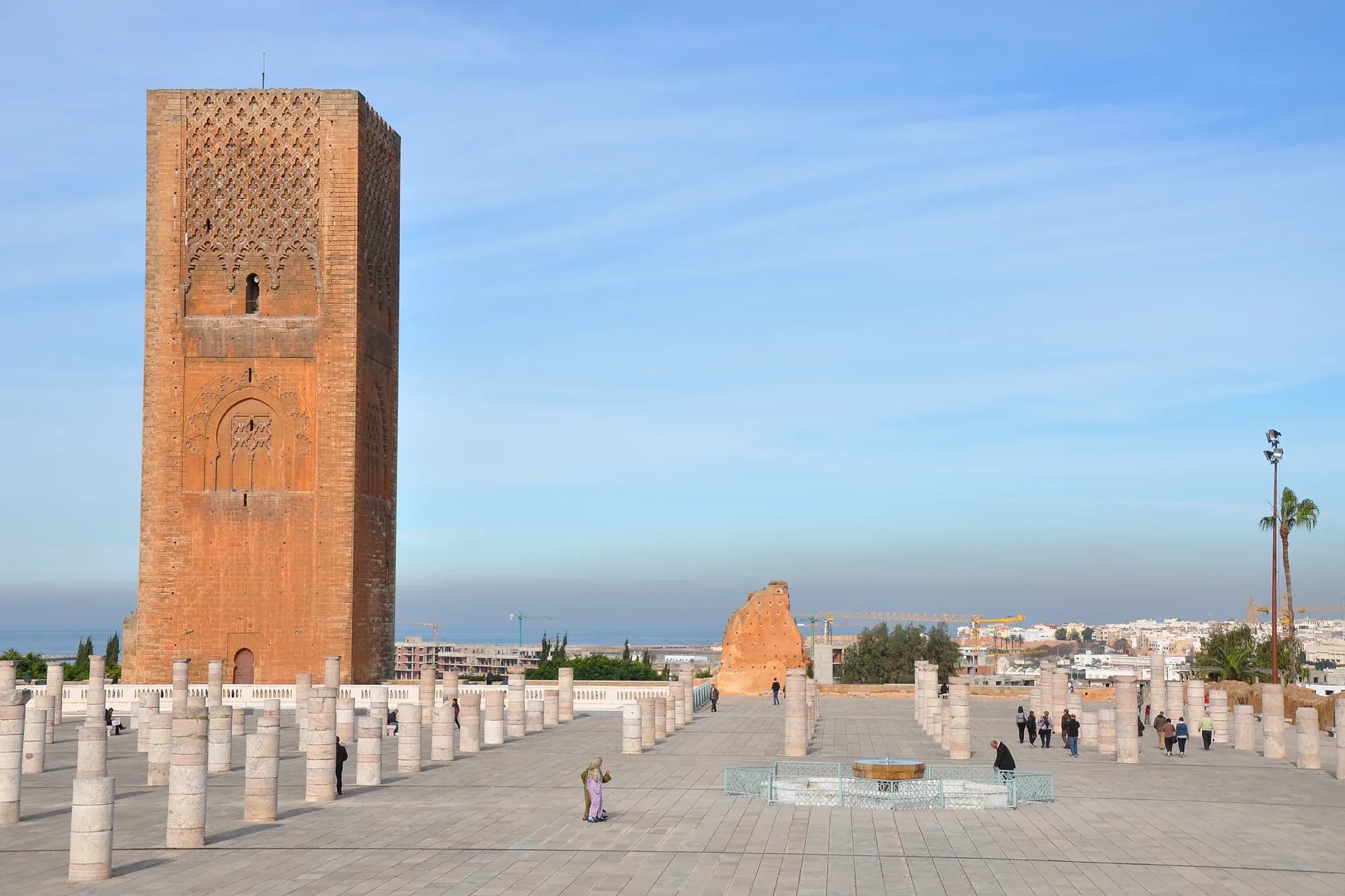 Hassan Tower in Rabat above the esplanade of columns, with the Bou Regreg estuary behind