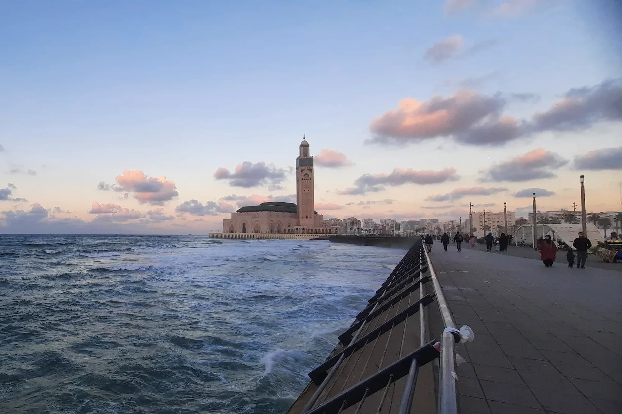 Hassan II Mosque at the end of Casablanca's seafront promenade by the Atlantic
