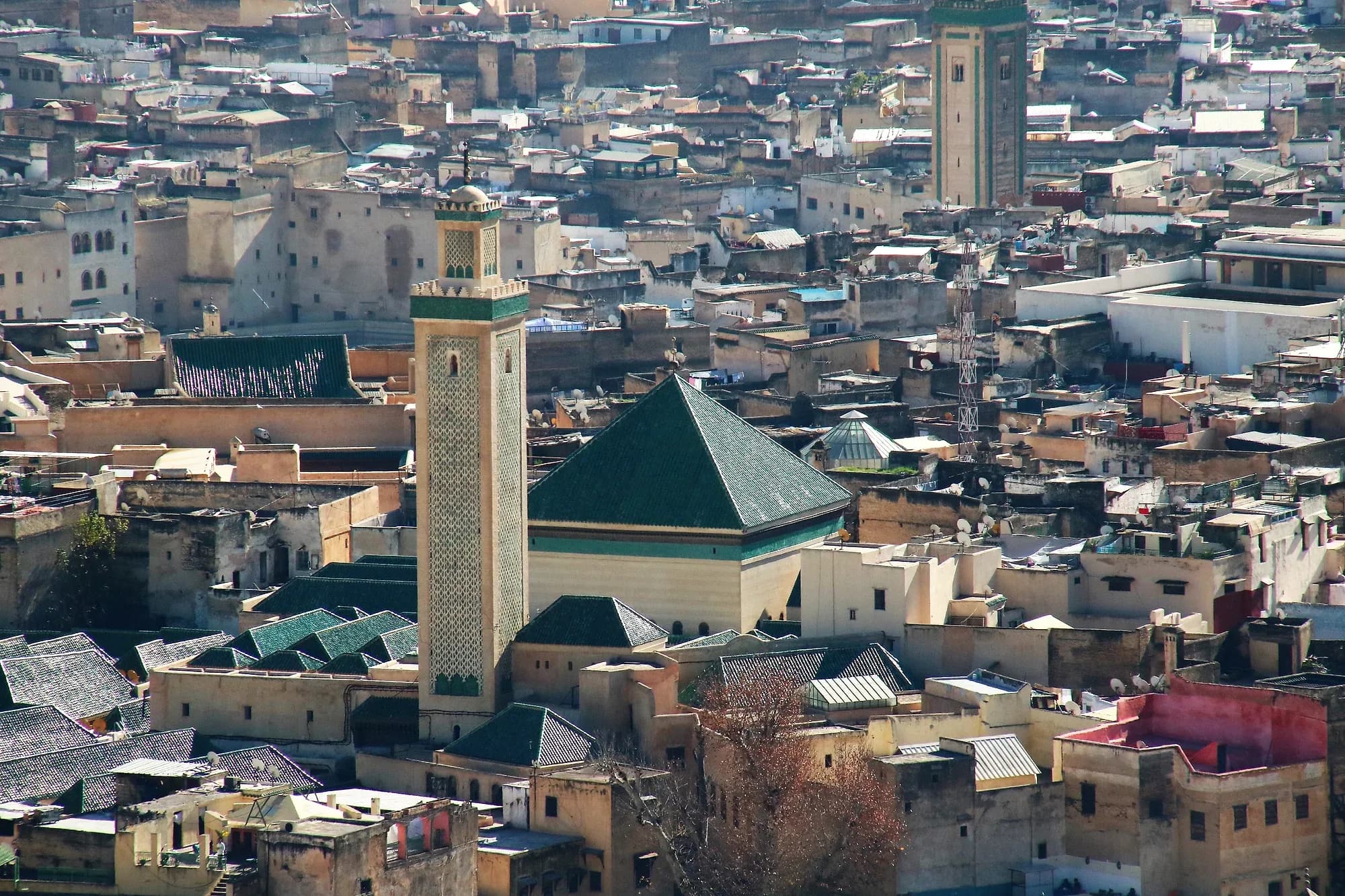 Minaret and green-tiled roof among the rooftops of the Fez el Bali medina