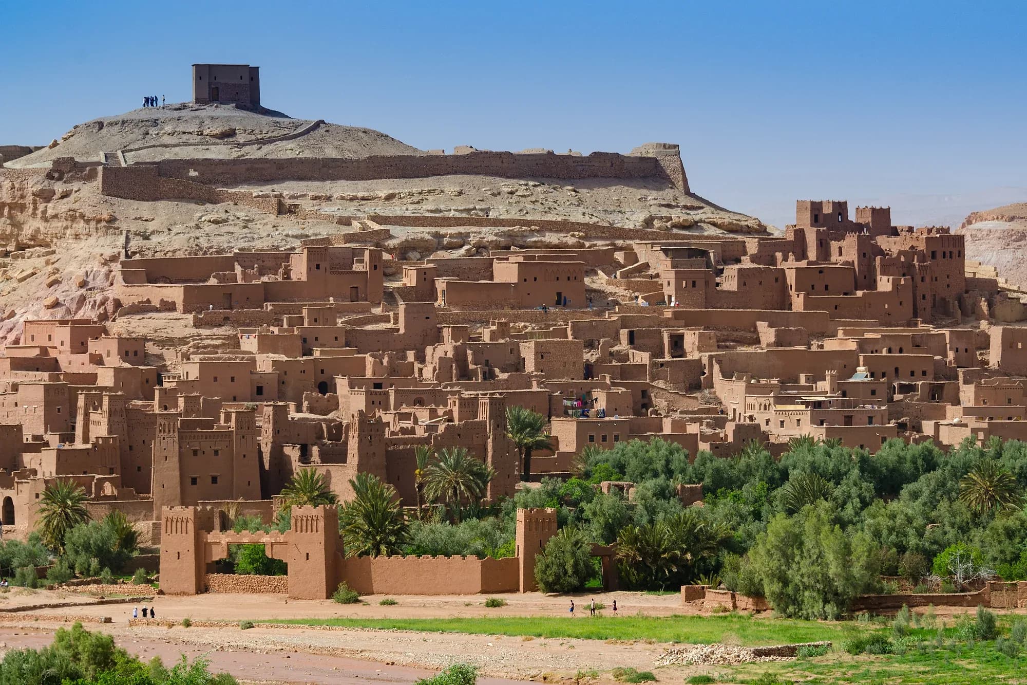Mud-brick houses of the ksar of Aït Ben Haddou stepped below the granary-topped hill