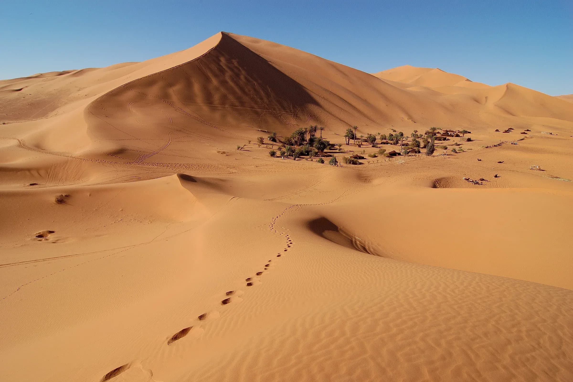 Large Erg Chebbi dune with footprints in the sand, Merzouga desert