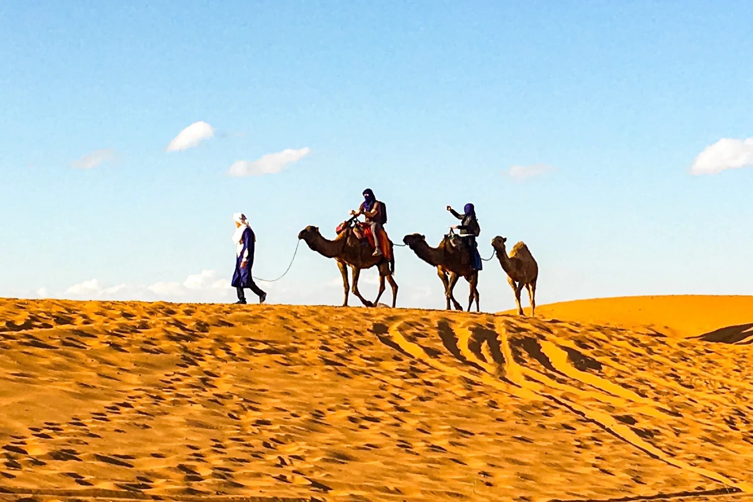 Dromedary caravan with travellers on an Erg Chebbi dune